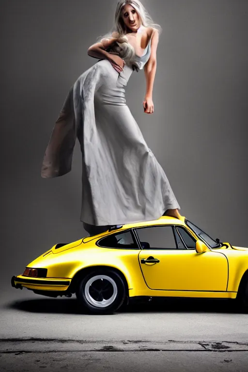 Prompt: Photo of a beautiful model leaning on a yellow Porsche 911 Carrera 3.2, daylight, dramatic lighting, award winning, highly detailed, fine art poster