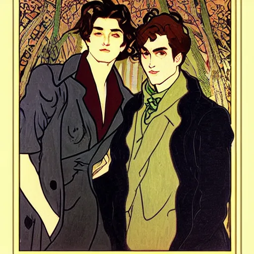 Image similar to painting of young cute handsome beautiful dark medium wavy hair man in his 2 0 s named shadow taehyung and cute handsome beautiful min - jun together at the halloween! party, bubbling cauldron!, candles!, smoke, autumn! colors, elegant, wearing suits!, delicate facial features, art by alphonse mucha, vincent van gogh, egon schiele