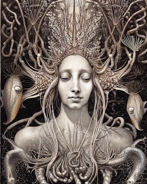 Image similar to realistic detailed underwater portrait of the beutiful young goddess of the fish of the three times with an intricate headdress of corals, sea kelp, sea plants, fish, jellyfish, art by ernst haeckel, zdzisław beksinski, h. r. giger, hieronymus bosch, gothic, neo - gothic, ornamental,