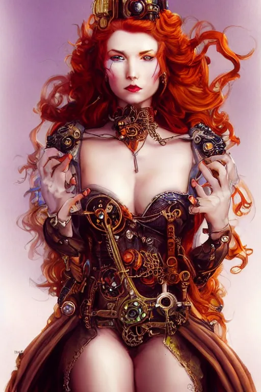 Image similar to three-quarters pose portrait of sensual Lady Mechanika, very beautiful young woman, ginger wavy hair, Intricate details, , D&D!, fantasy style, sharp focus!, ultra detailed, art by Artgerm and Peter Andrew Jones, WLUP, steampunk themed.