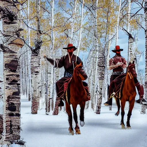 Image similar to digital art photograph savage plains indians on the warpath riding horses through some aspen trees in the snow