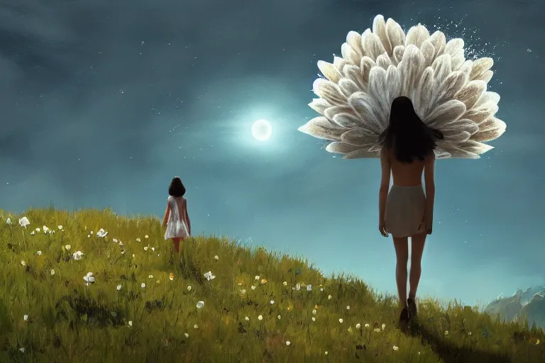 Image similar to giant white daisy flower head, girl walking on cliff, surreal photography, solar eclipse, milky way, dramatic light, impressionist painting, clouds, digital painting, artstation, simon stalenhag