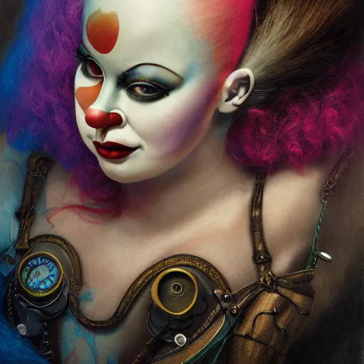 Prompt: photorealistic soft paint of a curiosities carnival, single young beautiful shy curvy dollpunk clown in a full steampunk corset, very long snakes hairs, symmetry accurate features, ominous depths, elegance, focus, rainbow lighting, very high details, award winning masterpiece, behance, by tom bagshaw