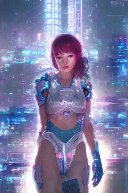 Image similar to portrait futuristic Cyber warrior Girl, in future cyberpunk tokyo rooftop , ssci-fi, fantasy, intricate, very very beautiful, elegant, neon light, highly detailed, digital painting, artstation, concept art, smooth, sharp focus, illustration, art by WLOP and tian zi and alphonse mucha