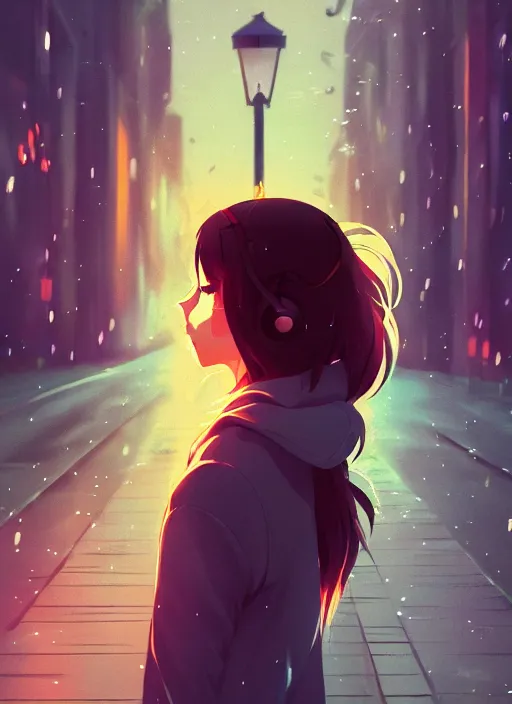 Prompt: listening to music at 2 am, pretty face, pretty body, rain, lofi, lofi, peaceful, street light, anime key visual, poster, anime, by wlop, high quality, 4 k