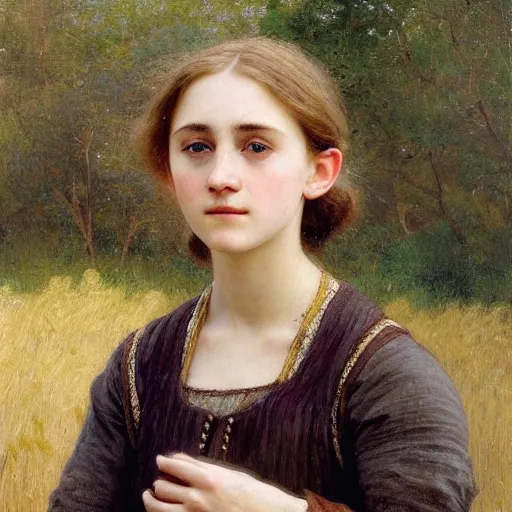 Image similar to a detailed, intricate oil painting portrait of a ukrainian peasant girl who resembles a teenage saoirse ronan and emma watson, in a field of grain, by william adolphe bougereau, john williams waterhouse, and donato giancola