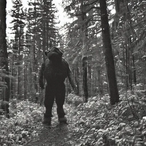 Prompt: A bipedal monster in a northern forest. Trail cam, grainy, at night.