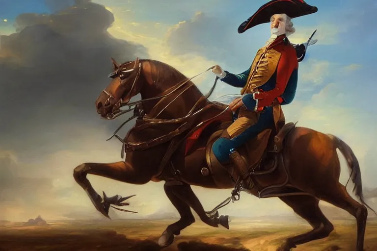 Image similar to “An oil painting of George Washington riding in an open top attack mech trending on artstation”