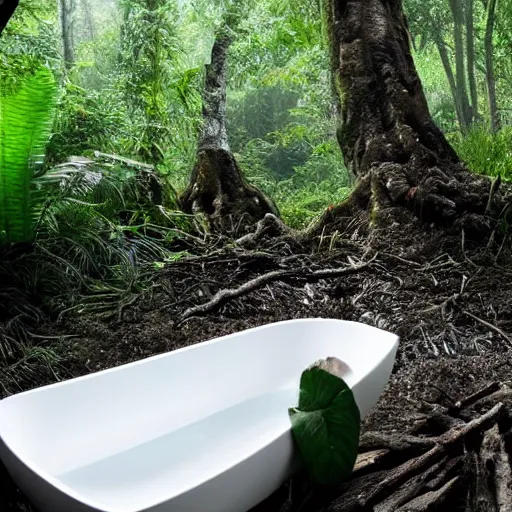 Image similar to pristine porcelain bath filled with bubbles in a clearfelled jungle, slash and burn, deforestation, tree stumps, smouldering charred timber