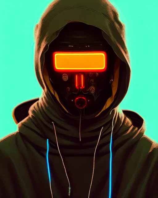 Image similar to cyberpunk synth, hyper - realistic portrait of a man in a hoodie with detailed neon mask, cyberpunk, by atey ghailan, by greg rutkowski, by greg tocchini, by james gilleard, by joe fenton, by kaethe butcher, dynamic lighting, gradient light blue, brown, cinematic lighting color scheme, sharp focus, grunge aesthetic