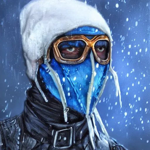 Prompt: bandit from ‘ icewind dale ’ and with a blue mask lined with copper, ‘ icewind dale 2 ’ portrait by ‘ justin sweet ’, pretty face, falling snow, soft focus, oil paint,