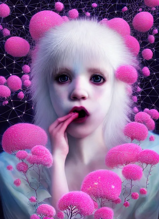 Image similar to hyper detailed 3d render like a Oil painting - kawaii portrait Aurora (white haired Singer Ferret) seen Eating of the Strangling network of yellowcake aerochrome and milky Fruit and Her delicate Hands hold of gossamer polyp blossoms bring iridescent fungal flowers whose spores black the foolish stars by Jacek Yerka, Mariusz Lewandowski, Houdini algorithmic generative render, Abstract brush strokes, Masterpiece, Edward Hopper and James Gilleard, Zdzislaw Beksinski, Mark Ryden, Wolfgang Lettl, hints of Yayoi Kasuma, octane render, 8k