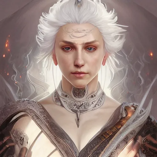 Prompt: portrait of white haired female warrior monk, d & d, fantasy, intricate, elegant, highly detailed, digital painting, artstation, concept art, smooth, sharp focus, illustration, art by artgerm and greg rutkowski and alphonse mucha