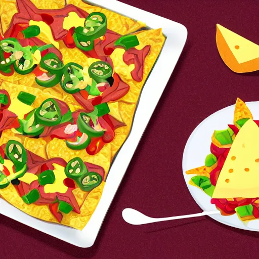 Image similar to photorealistic adobe illustration nachos with cheese and jalapeno illustrations, white background, drawing, cartoon