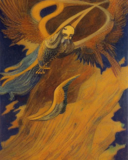 Image similar to calibri bird flies over the abyss Gustav Kilmt, symbolist, gold leaf, 1908