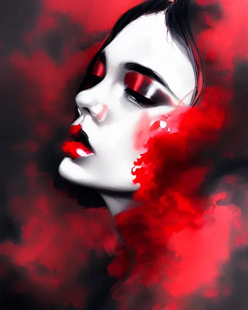 Image similar to black red ink smoke portrait, wlop, artgerm, artstation