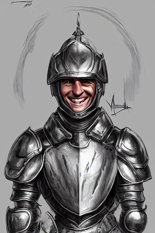 Image similar to emmanuel macron smiling while wearing armour, highly detailed, digital art, sharp focus, trending on art station