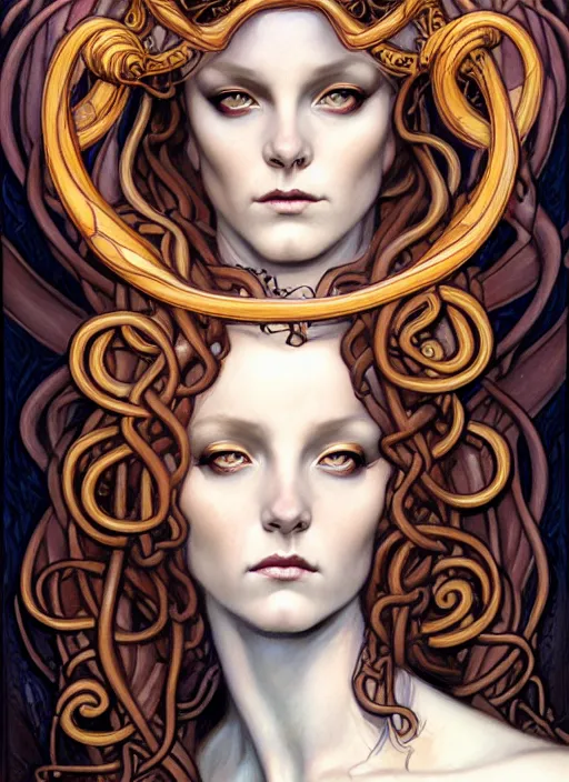 Image similar to an art nouveau, medusa portrait in the style of charlie bowater, and in the style of donato giancola, and in the style of charles dulac. very large, clear, expressive, intelligent eyes. symmetrical, centered, ultrasharp focus, dramatic lighting, photorealistic digital painting, intricate ultra detailed background.