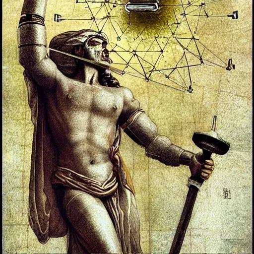 Image similar to ethereal god of artificial intelligence creating the first neural network on anvil with his hammer, realistic shot, high resolution