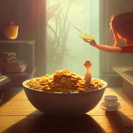 Image similar to highly detailed bowl of oatmeal mixed with cornflakes, stephen bliss, unreal engine, greg rutkowski, loish, rhads, beeple, makoto shinkai and lois van baarle, ilya kuvshinov, rossdraws, tom bagshaw, alphonse mucha, global illumination, god rays, detailed and intricate environment