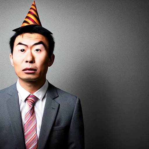 Prompt: asian man in suit distraught wearing birthday hat, office, realistic photo, studio lighting, wide angle dynamic portrait