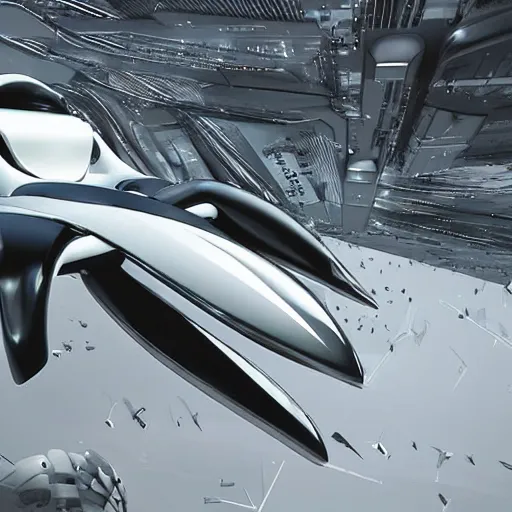 Prompt: robot works and fly in Zaha Hadid in fantasy world