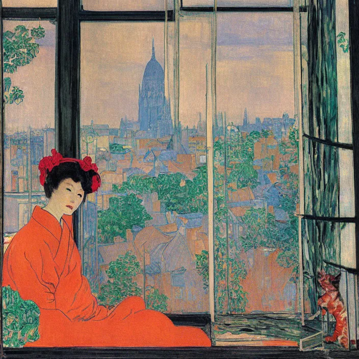 Image similar to portrait of woman in colourful kimono, white cat and house plant with city with gothic cathedral seen from a window frame with curtains. cloudy sunset. bonnard, henri de toulouse - lautrec, rene magritte, utamaro, matisse, monet