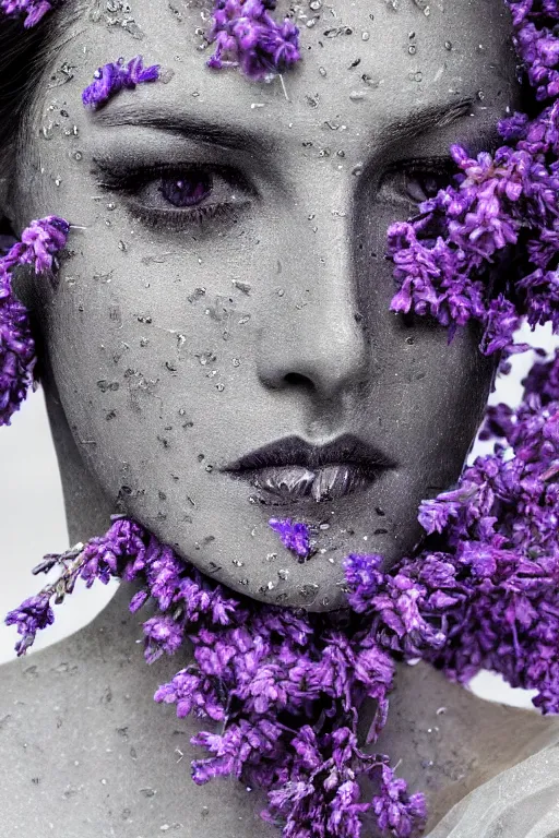 Image similar to hyperrealism close - up mythological portrait of a exquisite medieval woman's shattered face partially made of lavender flowers in style of art deco, wearing silver silk robe, dark palette