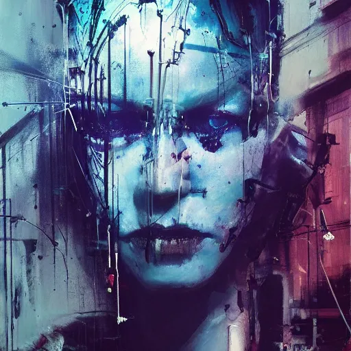 Image similar to a cyberpunk noir detective, skulls, wires cybernetic implants, machine noir steelpunk grimcore in cyberspace photoreal, atmospheric by jeremy mann francis bacon and agnes cecile, ink drips paint smears digital glitches