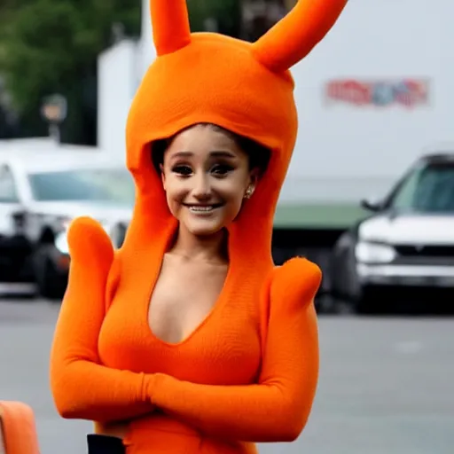 Prompt: ariana grande in a carrot mascot suit