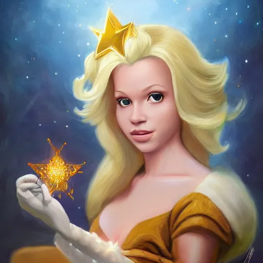 Prompt: princess rosalina from super mario as realistic blond human character, with star luma, art portrait, matte fantasy painting, deviantart artstation, by jason felix by steve argyle by tyler jacobson by peter mohrbacher, cinema c 9. 0