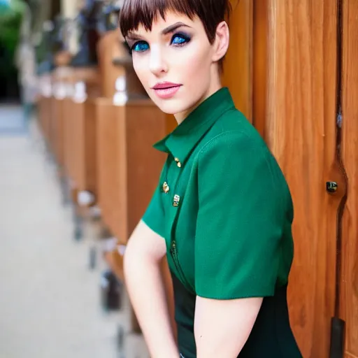 Image similar to brunette woman, short flip out hair, emerald eyes, black uniform