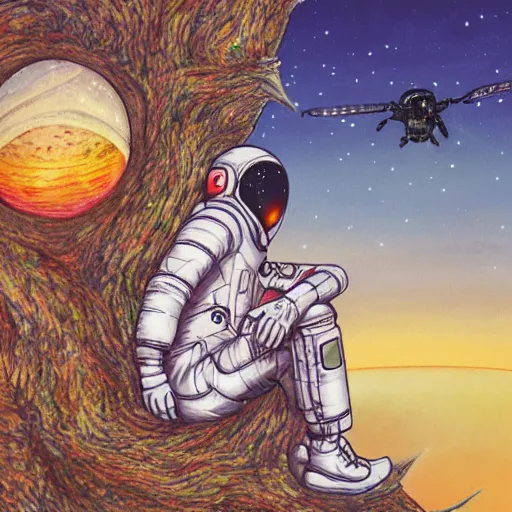 Image similar to Astronaut sitting on the tree, watching sunset, artwork by Ayami Kojima, deviantart contest winner,