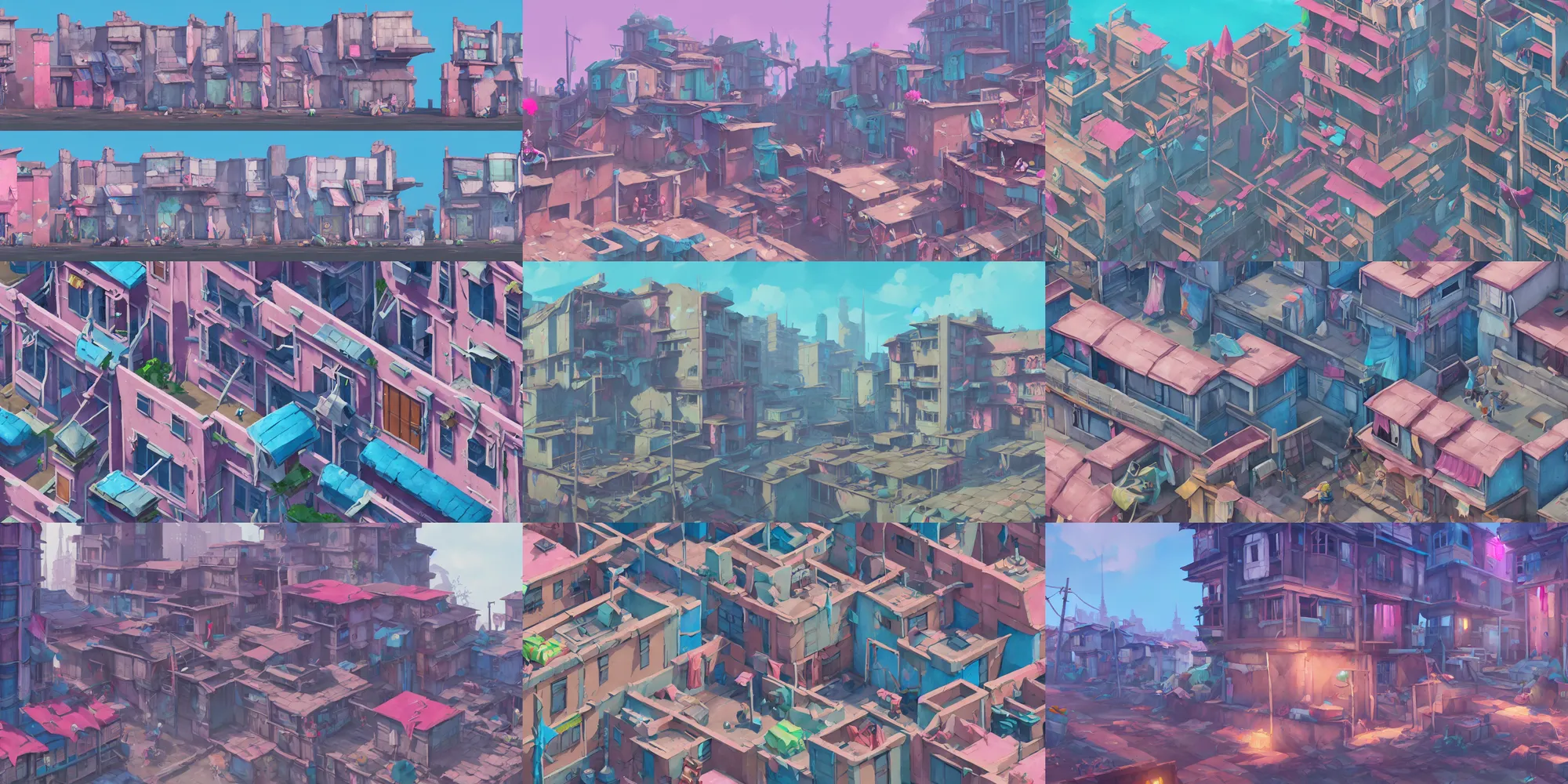 Prompt: game asset of slums building facade, in gouache detailed paintings, props, stylized, 2 d sprites, kitbash, arcane, overwatch, blue and pink color scheme, 8 k, close up