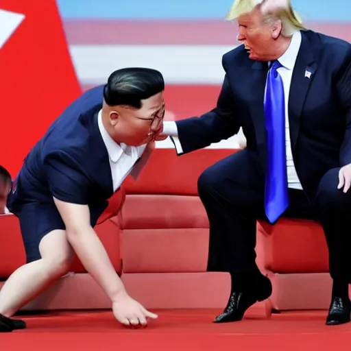 Prompt: donald trump wrestling himself in front of north korean crowd, in pyongyang