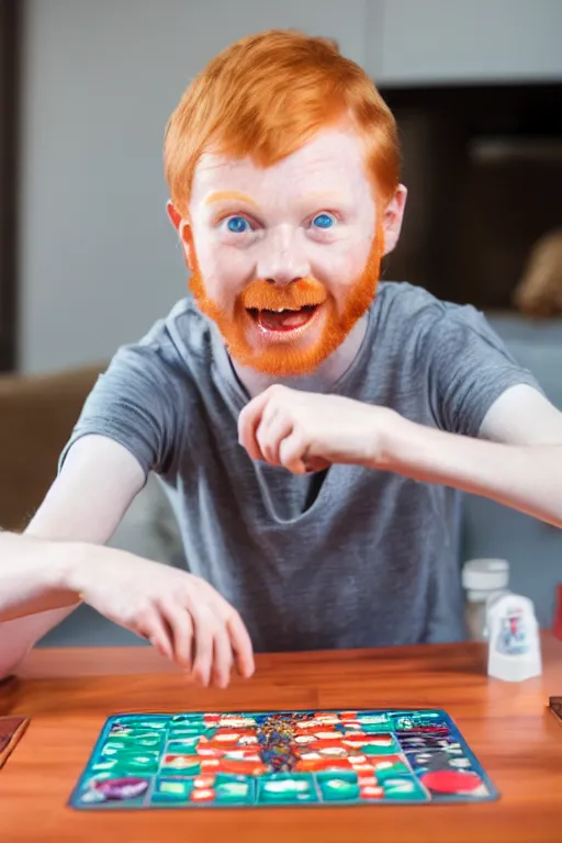 Image similar to 3 / 4 body photo of a young ginger men with disgusting! teeth, playing a boardgame, nerdy appearance, smooth, sharp, 8 5 mm, f / 1. 3