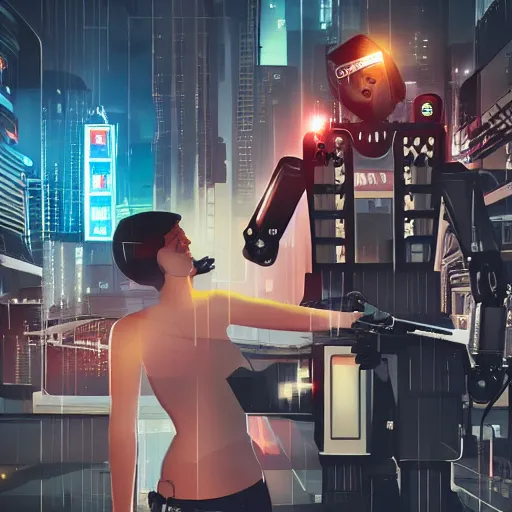 Image similar to realistic, symmetrical, cyberpunk city, man and women in love in a gunfight with robot police.