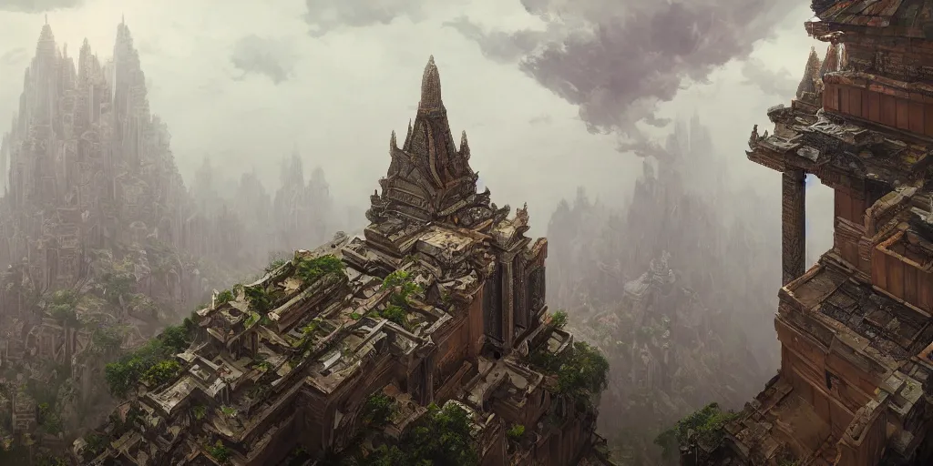 Image similar to temple in the clouds, tile - based, top - down oblique, by greg rutkowski and james gurney, trending on artstation
