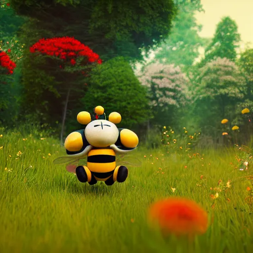 Image similar to large cute bee flying to crimson - black cute bee art school, in a beautiful forest meadow village landscape, flowers, happy trees, photorealistic, octane render, rtx, hdr, unreal engine, digital art widescreen 8 k, studio ghibli, disney, wlop
