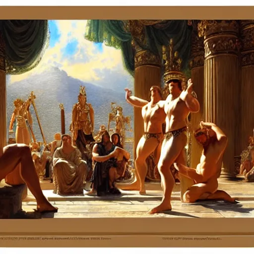 Prompt: hercules watches achilles while they wait in line to worship at zeus'feet, throne of olympus, heavenly marble, gods and goddesses in elegant clothes, painting by gaston bussiere, craig mullins, j. c. leyendecker, tom of finland