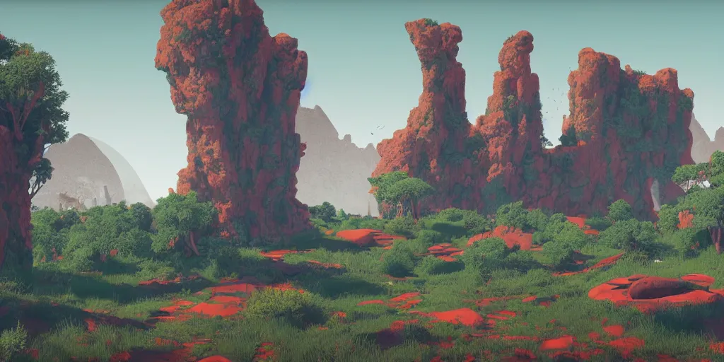 Image similar to 3d painted landscape with a single small brutalism monument in the center by james jean in no mans sky style, redshift, octane