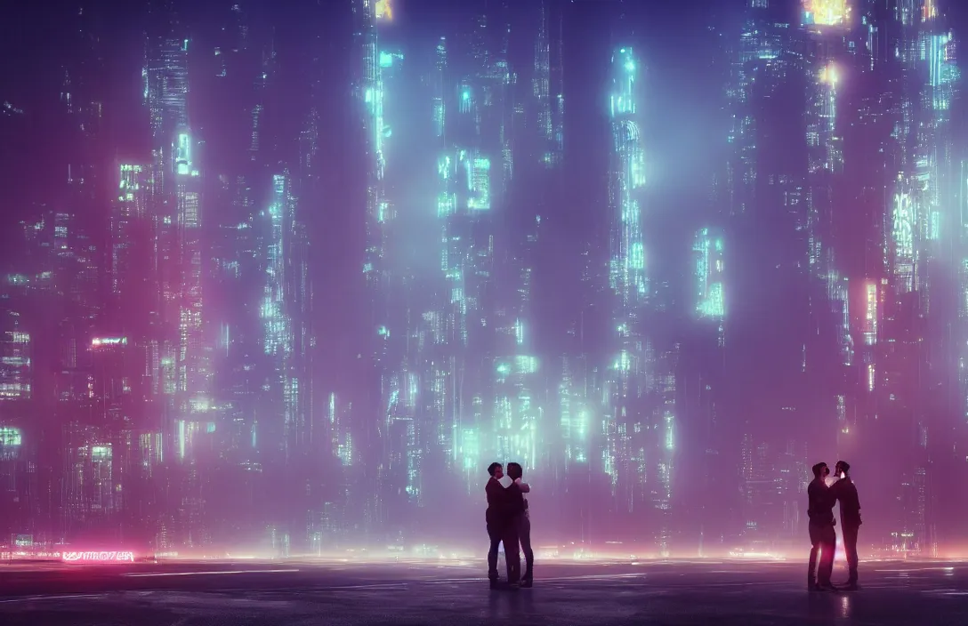 Image similar to men kissing in front of a foggy view of cyberpunk style future city, neon lights, a hyper realistic professional photographic view,very beautiful scenery, very realistic painting effect, hd, hdr, cinematic 4k wallpaper, 8k, ultra detailed, high resolution,