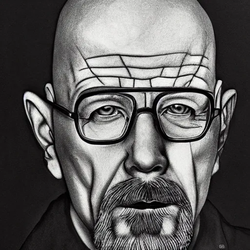 Image similar to self portrait of Heisenberg, realistic, sketch, hyperdetailed, by Anna Bregman