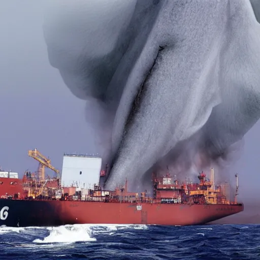 Image similar to A horrifying national geographic photo of an Oil Tanker being torn apart by the Mythical Ningen, ultra detailed, hyper realistic 4K