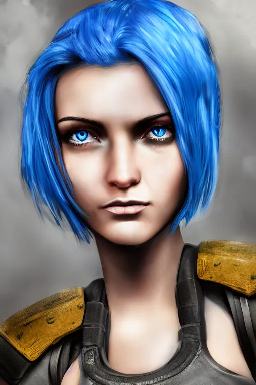 Image similar to female mercenary guard, bright blue hair, pretty face, ultra detailed, digital art, 8k ,character ,realistic, portrait, hyperrealistic