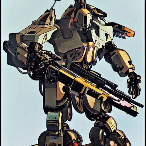 Image similar to syd mead roger dean alphonse mucha yoji shinkawa moebius victo ngai hyperrealism combat warrior mech combat robot mech suit exosuit guns gunfire explosions skirmish warfare gunfire death,