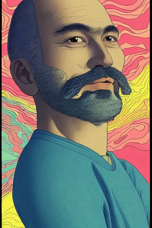 Image similar to a colorful closeup portrait of a young bald man with a very long wild beard dreaming psychedelic hallucinations in the vast icy landscape of antarctica, by kawase hasui, moebius and edward hopper, colorful flat surreal design, hd, 8 k, artstation