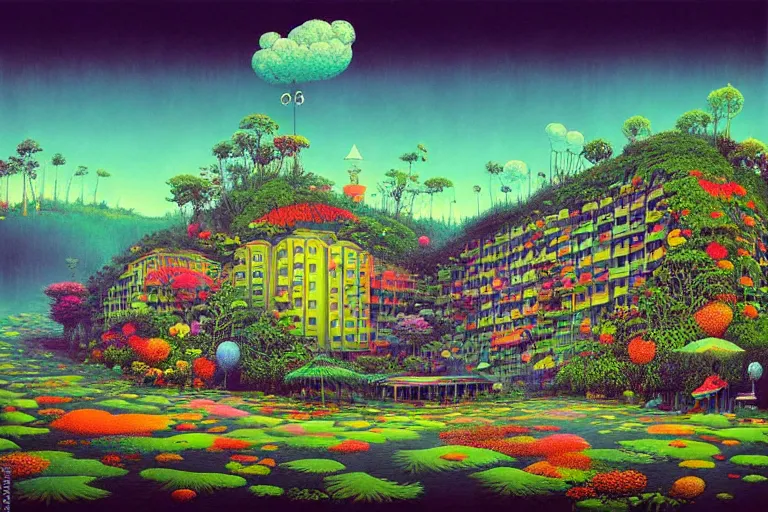 Image similar to surreal glimpse into other universe, hotel genting highland, summer morning, very coherent and colorful high contrast, art by!!!! gediminas pranckevicius!!!!, geof darrow, floralpunk screen printing woodblock, dark shadows, hard lighting, stipple brush technique,