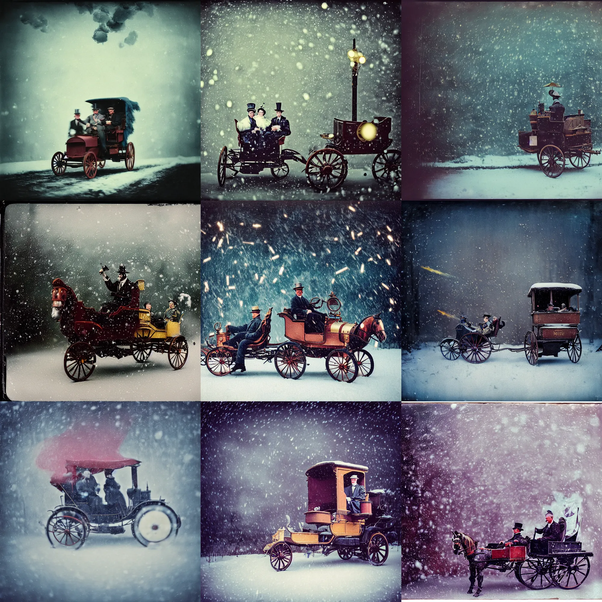 Prompt: kodak portra 4 0 0, wetplate, muted colours, blueberry, 1 9 1 0 s style, motion blur, portrait photo of a backdrop, explosions, rockets, sparkling, king ludwig in horse carriage, snow storm, by georges melies and by britt marling