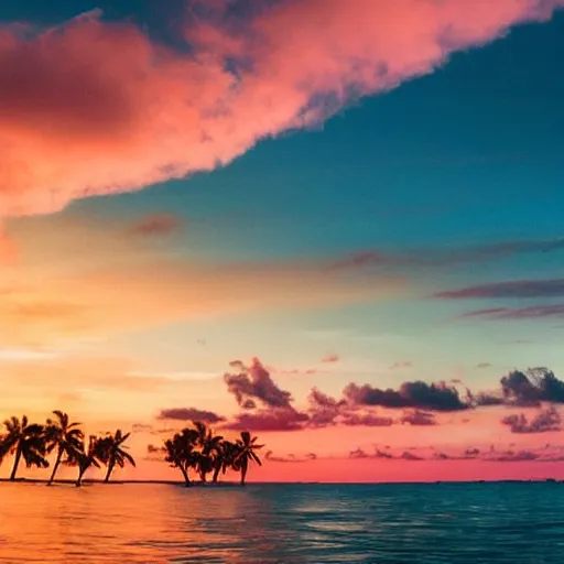 Image similar to Photo of the middle of the ocean, tiny islands made of sand and sandbars, a couple of palm trees, sunset, pink clouds, dreamy, enchanting, ultrarealistic, establishing shot